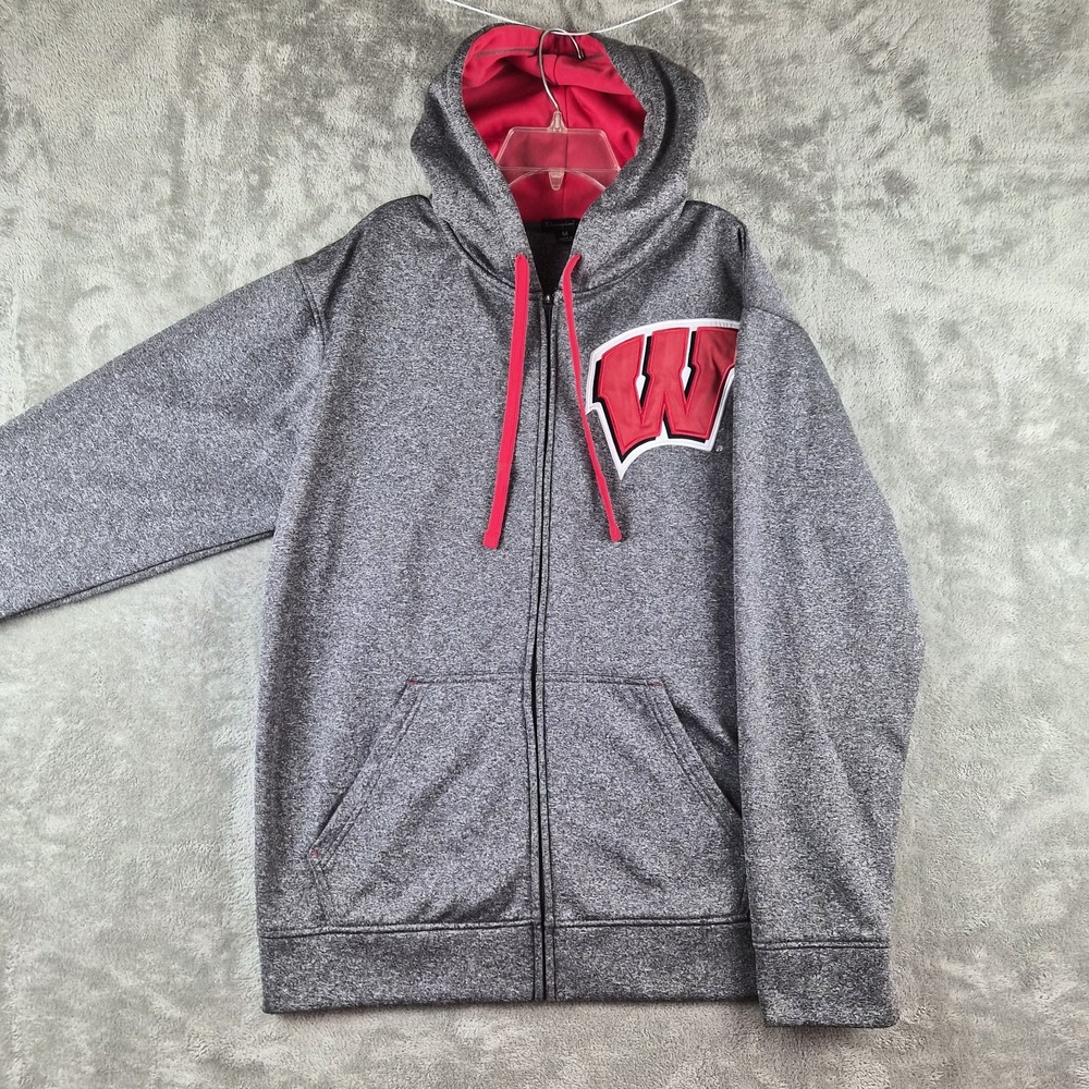 Wisconsin Badgers Sweatshirt Medium Gray Full Zip Hooded Champion NCAA Bucky Y2K